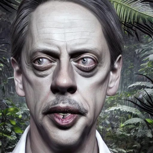 Image similar to hyperrealistic mixed media image of steve buscemi in a jungle, stunning 3 d render inspired art by xiang duan and thomas eakes, perfect facial symmetry, immaculate complexion, realistic, highly detailed attributes and atmosphere, dim volumetric cinematic lighting, 8 k octane detailed render, post - processing, masterpiece,