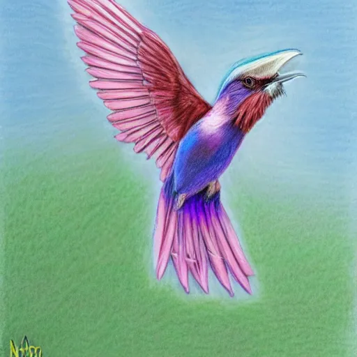 Prompt: a color pencil drawing of an lilac - breasted roller flying away by natalia rojas and ana maria martinez jaramillo, pastel color, wingspan, high quality, artstation, 4 k, realism, ultra realistic, fine art, white background, professionnal work