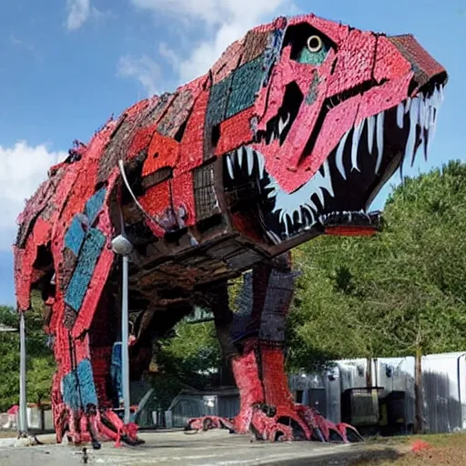 Image similar to photograph of a tyrannosaurus made of shipping containers, recycled shipping container sculpture