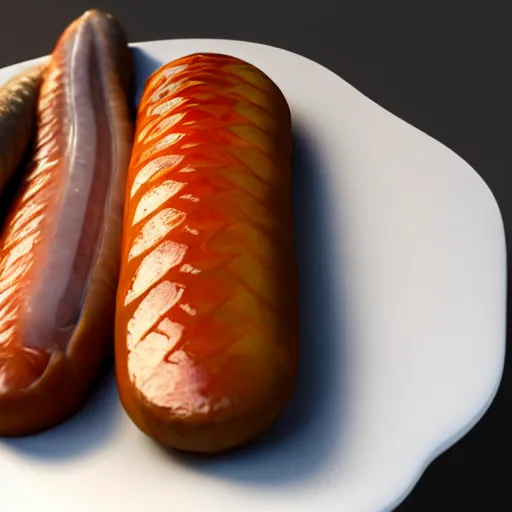 Image similar to realistic 3 d unreal engine render of a half fish half sausage alone on a plate, fish fins on a sausage