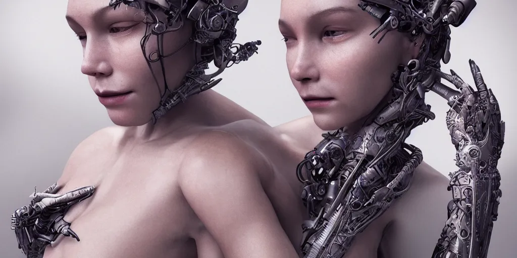 Image similar to hyper realistic photography of a stunningly beautiful cyborg female, elbow, intimate, holding close, in the style of beth cavener, jin kagetsu, wlop, rankin, highly detailed, intricate filigree, symmetry, masterpiece,, concept art, highkey lighting, ambient lighting, octane render, 8 k, artstation