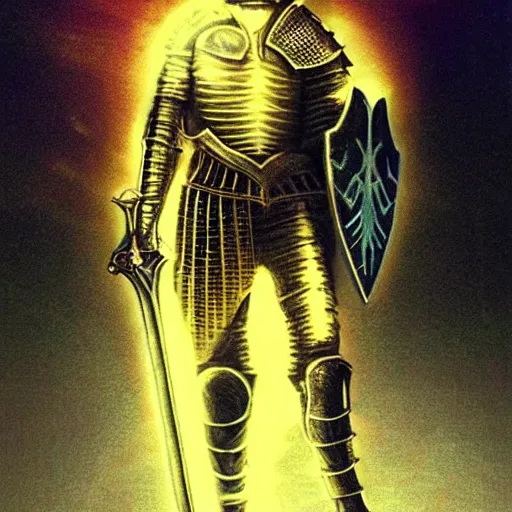 Image similar to Knight of the Light holds a glowing sword in front of him, fantastic art