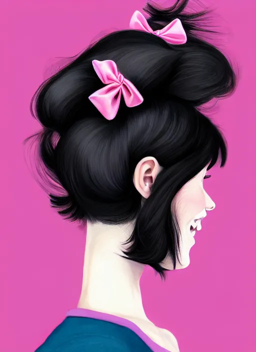 Image similar to portrait of high school girl, realistic, black hair, bangs, half updo hairstyle, pointy nose, skinny, smile, ugly, defined jawline, big chin, pink hair bow, earrings, intricate, elegant, glowing lights, highly detailed, digital painting, artstation, sharp focus, illustration, art by wlop, mars ravelo and greg rutkowski