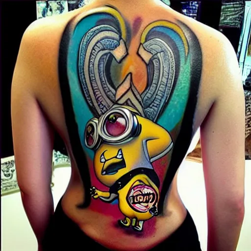 Image similar to tattoo of female on minion back, epic, colorful, beautiful, intricate detail