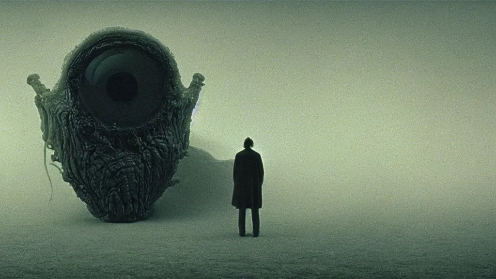 Image similar to the strange creature in my eye, film still from the movie directed by denis villeneuve and david cronenberg with art direction by salvador dali and zdzisław beksinski, wide lens