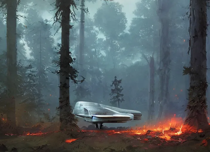 Prompt: a crash-landing sight of a spaceship in a forest, smoke in the air, atmospheric lighting, debris on ground, smoke and flame on ship. By Makoto Shinkai, Stanley Artgerm Lau, WLOP, Rossdraws, James Jean, Andrei Riabovitchev, Marc Simonetti, krenz cushart, Sakimichan, trending on ArtStation, digital art.