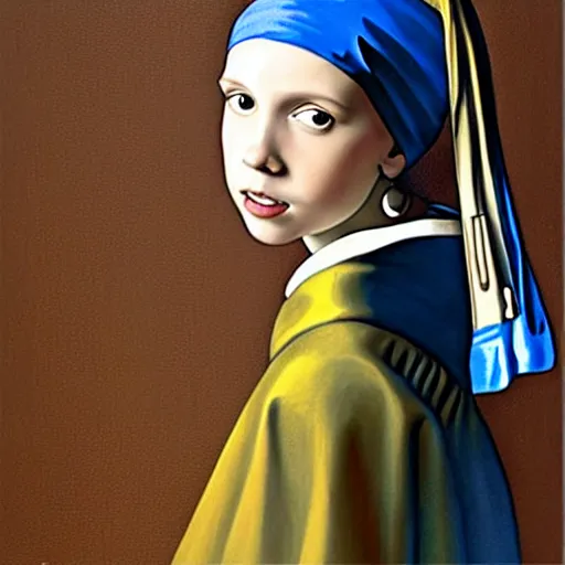 Image similar to Painting of Millie Bobby Brown with the pearl earring by Johannes Vermeer