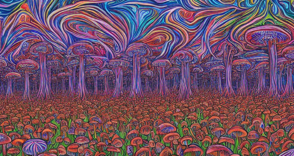 Image similar to A tribal village in a forest of giant mushrooms, by Alex Grey ,