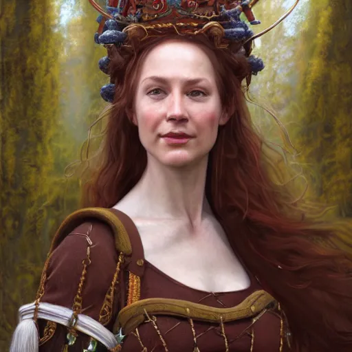 Image similar to an portrait of an happy female scottish celtic queen, detailed, centered, digital painting, artstation, concept art, donato giancola, Joseph Christian Leyendecker, WLOP, Boris Vallejo, Breathtaking, 8k resolution, extremely detailed, beautiful, establishing shot, artistic, hyperrealistic, beautiful face, octane render