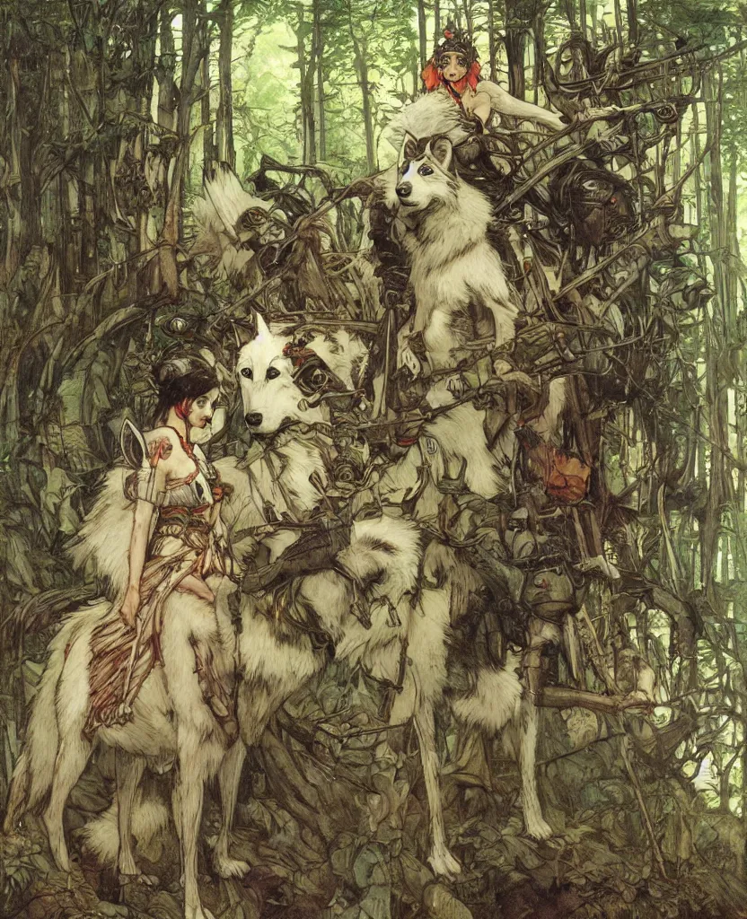 Prompt: portrait of Princess Mononoke, wolves, fully clothed in armor, lush forest, neon, concept art, schematics, painted by norman rockwell, mucha, james gurney, high detail, denoised, sharp, architectural