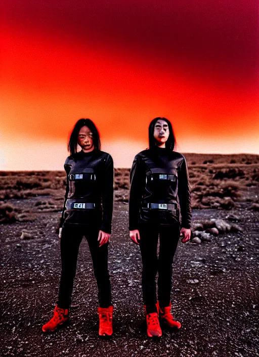 Prompt: cinestill 5 0 d photographic portrait of two female android lovers wearing rugged black techwear on a desolate plain with a red sky, extreme closeup, lizard on ground, cyberpunk style, in front of a brutalist dark metal facility, dust storm, 8 k, hd, high resolution, 3 5 mm, f / 3 2, ultra realistic faces
