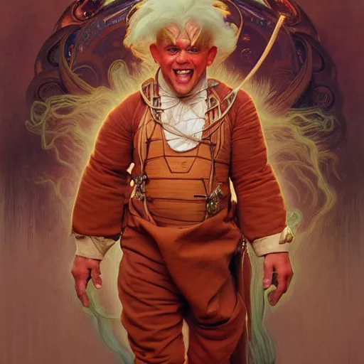 Image similar to channing tatum as an oompa loompa, fantasy, d & d, intricate, detailed, by by alphonse mucha, adolfo hohenstein, alice russell glenny, stanley artgerm lau, greg rutkowski, detailed, trending on artstation, trending on artstation, smooth