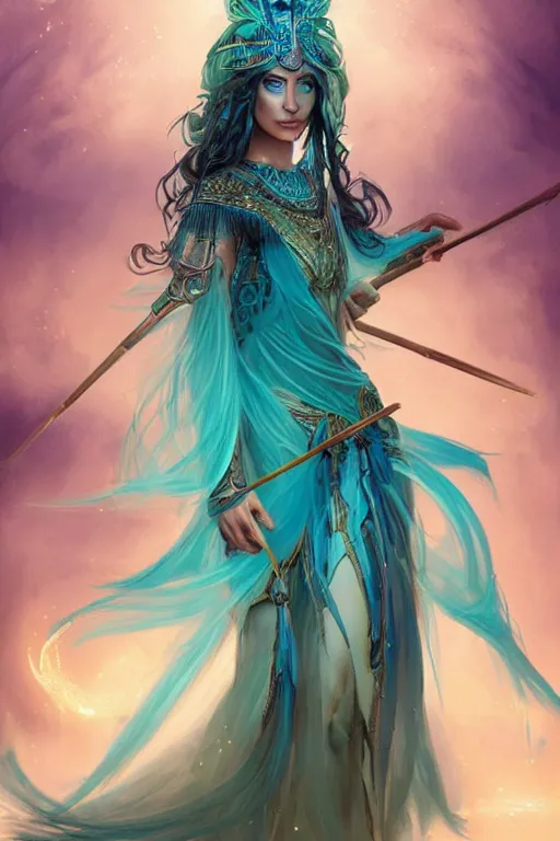 Image similar to beautiful sorceress female with teal skin, full body shot, long hair made of algae, egyptian clothing, with a wooden stuff and a crossbow, d & d, fantasy, intricate, elegant, highly detailed, digital painting, artstation, concept art, matte, sharp focus, illustration, hearthstone, art by artgerm and greg rutkowski and alphonse mucha