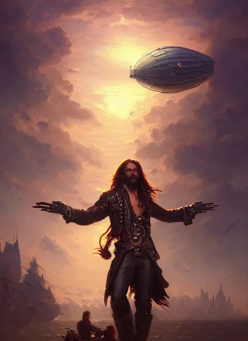 Image similar to portrait painting of a handsome rugged long hair crimson hair male pirate, soft hair steampunk ornate zeppelin blimp airship in the background sky sunset golden hour art by raphael lacoste and stephan martiniere greg rutkowski gaston bussiere fantasy soft hair trending on artstation deviantart book cover art concept art key art dramatic volumetric lighting, 4 k, award winning