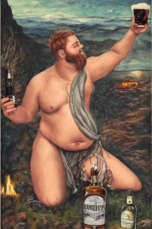 Prompt: a dramatic, epic, ethereal painting of a !!handsome!! thicc chunky beefy mischievous shirtless man with a beer belly wearing a large belt and bandana offering a whiskey bottle | he is relaxing by a campfire | background is a late night with food and jugs of whisky | homoerotic | stars, tarot card, art deco, art nouveau, intricate | by Mark Maggiori (((and Alphonse Mucha))) | trending on artstation