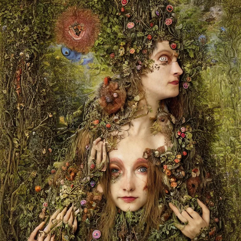 Image similar to a fish eye lense photograph of a grinning druid dryad with goat pupils transforming herself into a mad beast. her skin is covered in scales and feathers. flowers surround her body and trees tower around her. painted by jan van eyck, max ernst and ernst haeckel, trending on artstation, 8 k, award winning, hard lighting, fashion editorial