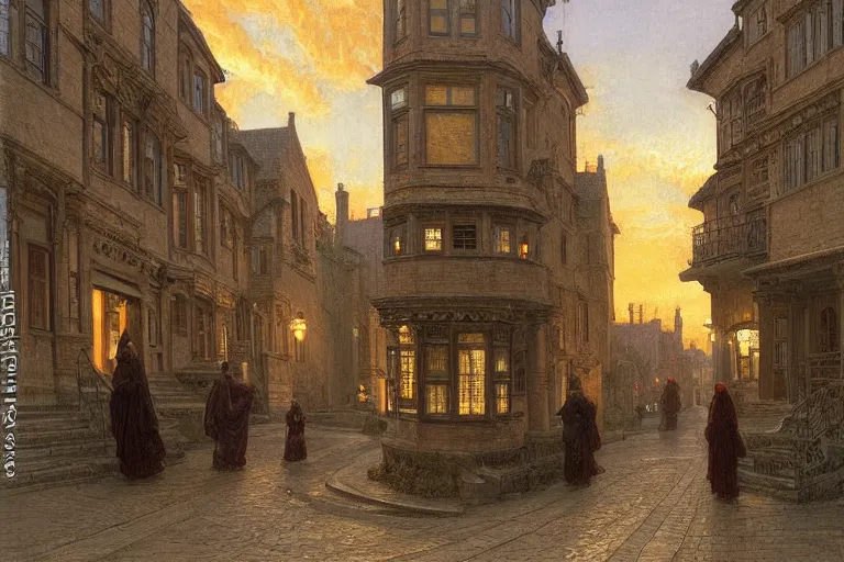 Image similar to winding street at twilight in a very old very beautiful city by George Price Boyce and Donato Giancola and William Dyce, glowing paper lanterns, strong dramatic cinematic lighting , ornate tiled architecture, lost civilizations, smooth, sharp focus, extremely detailed