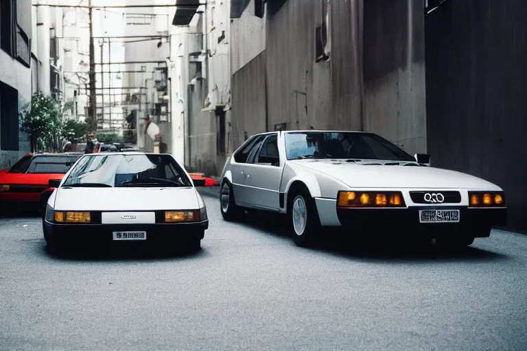 Image similar to a Giorgetto Giugiaro designed, single 1988 Audi Quattro, BMW M1 Lincoln Continental, parked in a Tokyo alley, volumetric lighting, f8 aperture, cinematic Eastman 5384 film