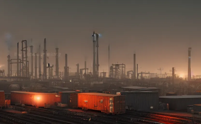 Prompt: photorealistic image of endless industrial factories, conveyor belts, industrial furnaces, cargo trains, heavy machinery. dusk. fog. gritty. 8K. detailed. technical. artstation. 25mm f/1.7 ASPH Lens. ultra realistic