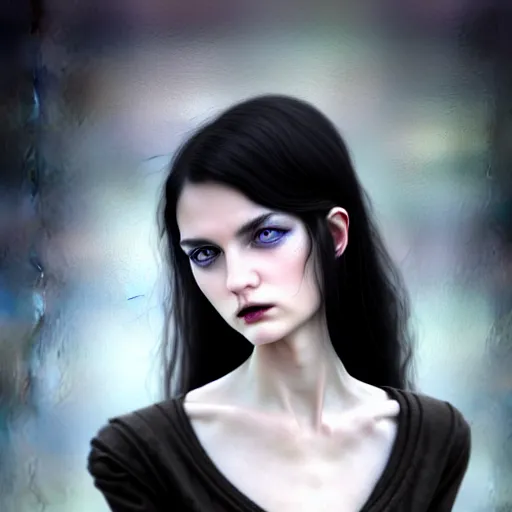 Image similar to english teenage girl with black hair, china blue eyes, pale glowing skin, beautiful sinister features, no makeup, elegant fashion model, gothic beauty, wuthering heights, fantasy, intricate, elegant, dress shirt and tie, highly detailed, digital painting, artstation, concept art, smooth, sharp focus, illustration, art by Krenz Cushart and Artem Demura and alphonse mucha