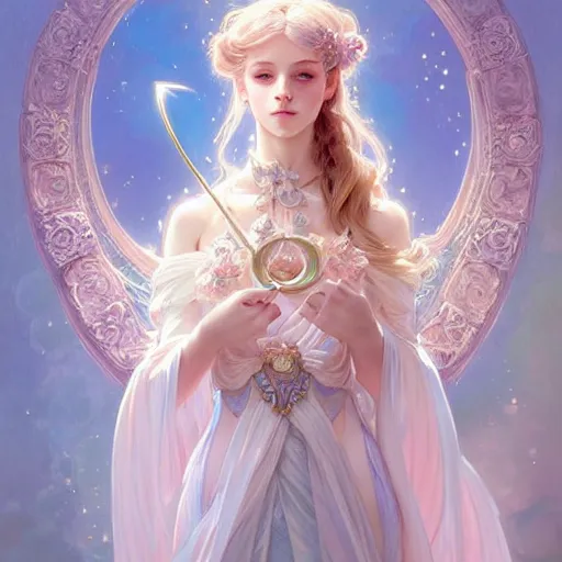 Image similar to Portrait of magical girl, dreamy and ethereal, pastel blue eyes, peaceful expression, ornate frilly dress, fantasy, intricate, elegant, dynamic lighting, highly detailed, digital painting, artstation, concept art, smooth, sharp focus, illustration, art by artgerm and greg rutkowski and alphonse mucha