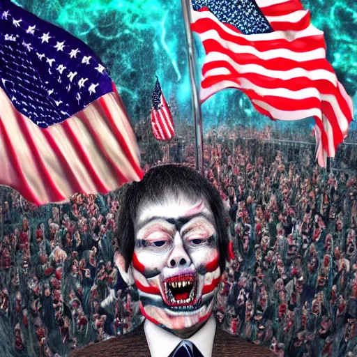 Image similar to trump and flag scariest horror nightmare by junji ito, digital art, deepdream cosmic, 3 d high definition, trending on artstation, photorealistic, high resolution, 8 k, octane, hyper detailed, trending on deviantart insane details, intricate, elite, ornate, elegant trend, highly detailed and intricate, sharp focus, photography, unreal engine