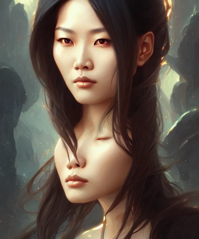 Image similar to Asian woman portrait, sci-fi, amber eyes, face, long hair, fantasy, intricate, elegant, highly detailed, digital painting, artstation, concept art, smooth, sharp focus, illustration, art by artgerm and greg rutkowski and alphonse mucha