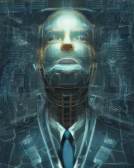 Prompt: cyborg man in suit. intricate abstract. intricate artwork. by tooth wu, wlop, beeple, dan mumford. trending on artstation, greg rutkowski very coherent symmetrical artwork. cinematic, hyper realism, high detail, octane render, 8 k, iridescent accents