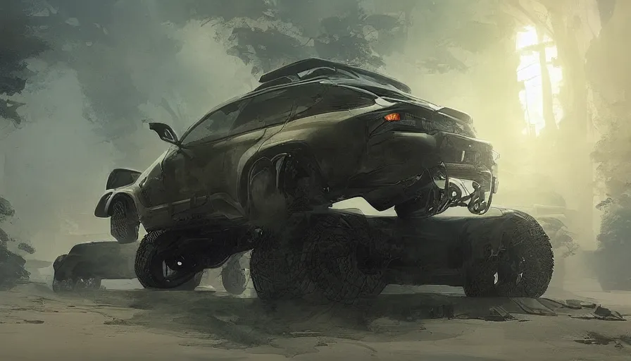 Prompt: a beautiful concept design of a supercar converted into offroad suv by cory loftis, fenghua zhong, ryohei hase, ismail inceoglu and ruan jia. volumetric light, detailed, octane render, shadow of the tomb rider