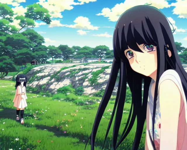 Image similar to beautiful anime girl with long black hair and bangs, beautiful anime guy with black hair, wearing black clothes, siblings, fine details portrait, japense village in background, bokeh. anime masterpiece by Studio Ghibli. illustration, sharp high-quality anime illustration in style of Ghibli, Ilya Kuvshinov, Artgerm