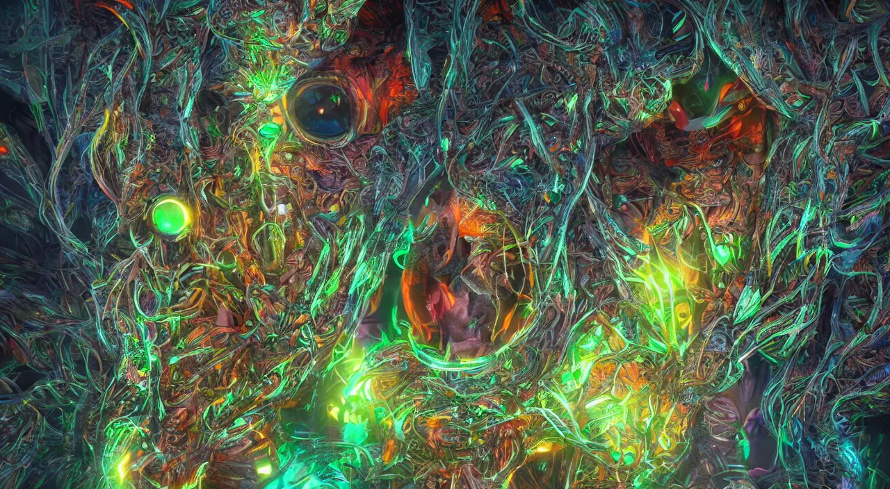 Prompt: portrait of a biophilic cyborg with psychedelic eyes and fractal veins, in background vibrant parametric landscape, ultra realistic, concept art, intricate details, highly detailed, photorealistic, octane render, 8 k
