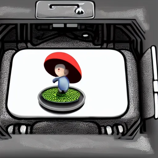 Image similar to tiny mushroom man explores an open computer case, digital art