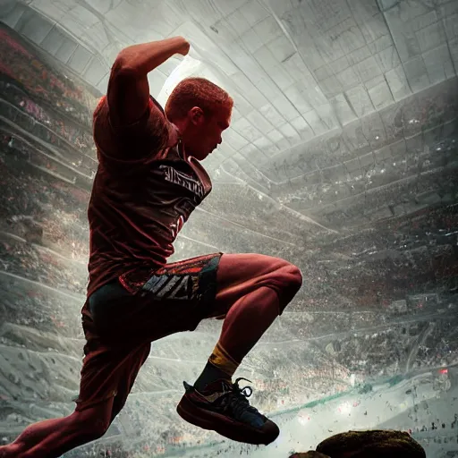 Image similar to “hyperrealistic mixed media high resolution image of athlete injuring their knee, stunning 3d render inspired art by István Sándorfi and Greg Rutkowski and Unreal Engine, perfect symmetry, dim volumetric lighting, 8k octane beautifully detailed render, post-processing, extremely hyper-detailed, intricate, epic composition, highly detailed attributes, highly detailed atmosphere, cinematic lighting, masterpiece, trending on artstation, very very detailed, masterpiece, stunning, flawless structure, lifelike texture, perfection,”