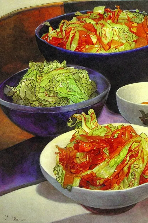 Prompt: kimchi, korean spicy fermented cabbage, by jerry pinkney