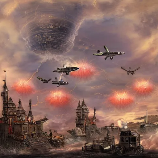 Prompt: a flying steampunk fortress, explosive storm, behrens style