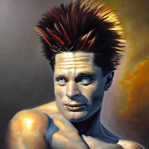 Image similar to detailed portrait of bart simpson intricate, hyper detailed, realistic, oil painting, by julie bell, frank frazetta, cinematic lighting