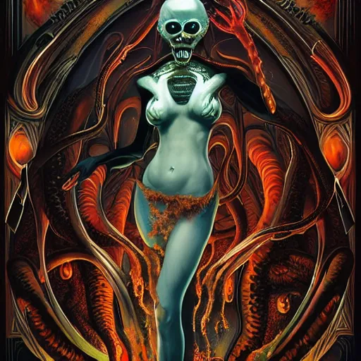 Image similar to scorn giger venom alien doom zdislaw bekinski horror hell alien tentacles satan fire flame octopus, beautiful underwater redhead ballerina portrait as a belly dancer, pixar style, by tristan eaton stanley artgerm and tom bagshaw.