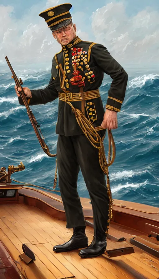 Image similar to proud commodore marine captain, pairate style, stern look, late xix century commander vest, full body portrait xix immpresionist paint, ship deck on wild ocean background, highly detailed, digital painting, artstation, concept art, sharp focus, illustration, art by Artgerm, Greg Rutkowski, Craig Mullins, WLOP, Ross tran, James Jean, Andrei Riabovitchev, magic the gathering, - W 640