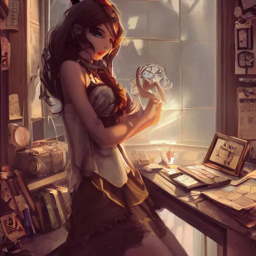 Image similar to a beautiful steampunk detective girl sitting in her office | | cute - fine - face, pretty face, fine details by stanley artgerm lau, wlop, rossdraws, james jean, andrei riabovitchev, marc simonetti, and sakimichan, trending on artstation