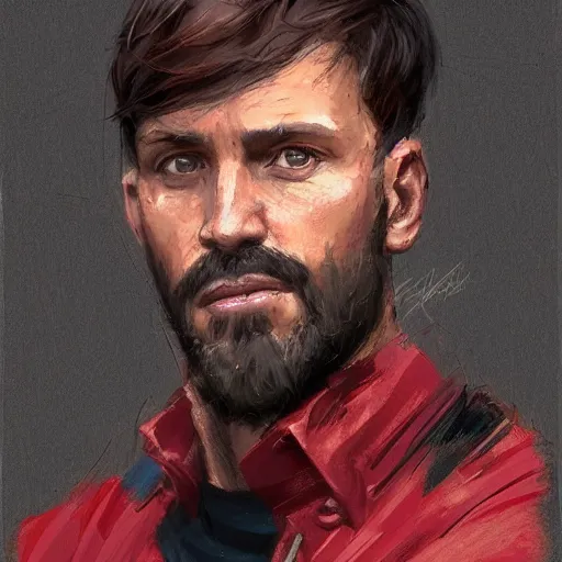 Prompt: Portrait of a man by Greg Rutkowski, he is about 40 years old, copper short hair, his features are a mix between Scottish and Arabian, strong and tall, cool dad vibes, he is wearing utilitarian red and black jumpsuit, highly detailed portrait, digital painting, artstation, concept art, smooth, sharp foccus ilustration, Artstation HQ.