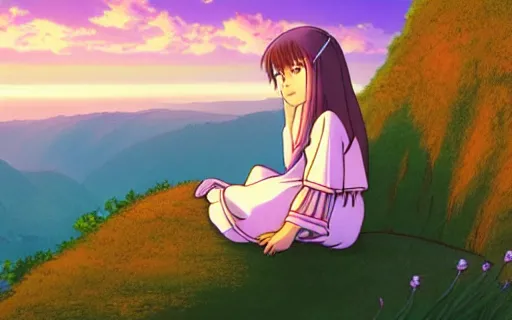 Image similar to a young girl sitting in a fild on a cliff watching a purple sunset, wide shot, art by hayao miyazaki, studio ghibli film, hi res, 4k