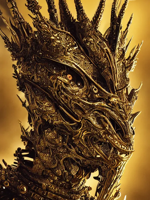 Prompt: portrait art of 8k ultra realistic dragon king,intricate gold crown, detailed intricate ornate armour,decaying, cybernetic, full of colour, cinematic lighting, battered, trending on artstation, 4k, hyperrealistic, focused, extreme details,unreal engine 5, cinematic, masterpiece, art by ayami kojima, giger