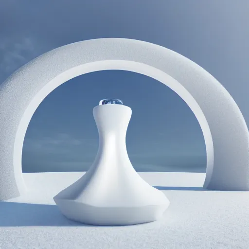 Prompt: perfume bottle standing on a white zen clean modern minimalist white counter in front of large circular portal with mountain view, frozen and covered in ice, by peter tarka and zaha hadid octane highly render, 4 k, ultra hd,
