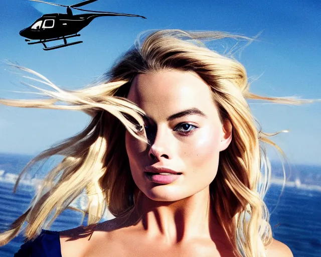 Image similar to a photo of margot robbie falling in the sky next to a helicopter, hyper realistic faces, beautiful eyes, cinematic, long shot, hyper detailed, 8 5 mm photograph, 8 k resolution, film still, sharp lens, wide lens