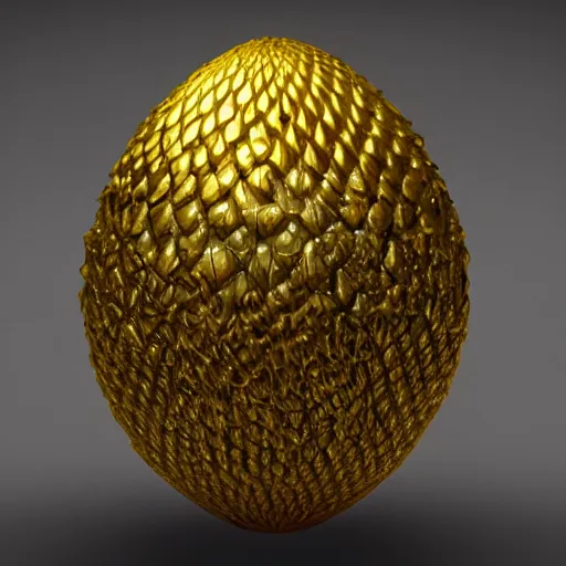 Prompt: a hyperdetailed dragon scale egg in a nest of gold, photorealistic, symmetrical, unreal engine
