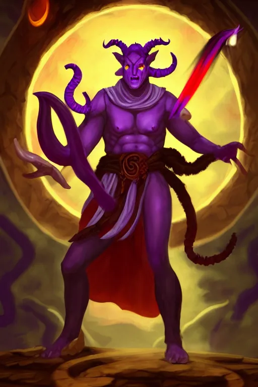 Image similar to tiefling warlock with white horns on his head, purple skin, red glowing eyes, he is casting a destruction spell, an imp is sitting on his shoulder and the background is a friendly tavern. dungeons and dragons, highly detailed, digital painting, artstation, concept art, sharp focus, illustration, art by Leonardo da Vinci and Michelangelo and Botticelli