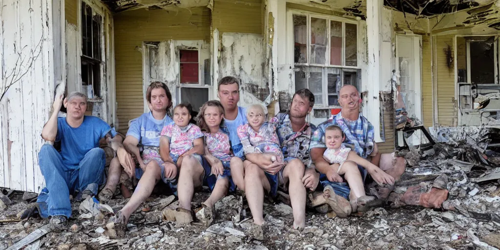 Image similar to photo of unusually small white redneck family sitting on front porch of dilapidated house,