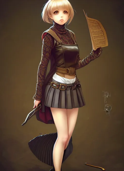 Image similar to portrait of a full body of beautiful young female detective, d & d, sleeveless turtleneck, pleated skirt, fantasy, flat lighting, intricate, highly detailed, digital painting, artstation, concept art, smooth, sharp focus, illustration, misa amane, art by simon bisley and greg rutkowski and alphonse mucha, natural tpose