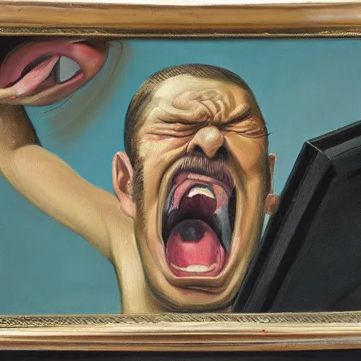 Image similar to an angry man screams at his computer monitor, oil on canvas, 1 9 6 7, highly detailed