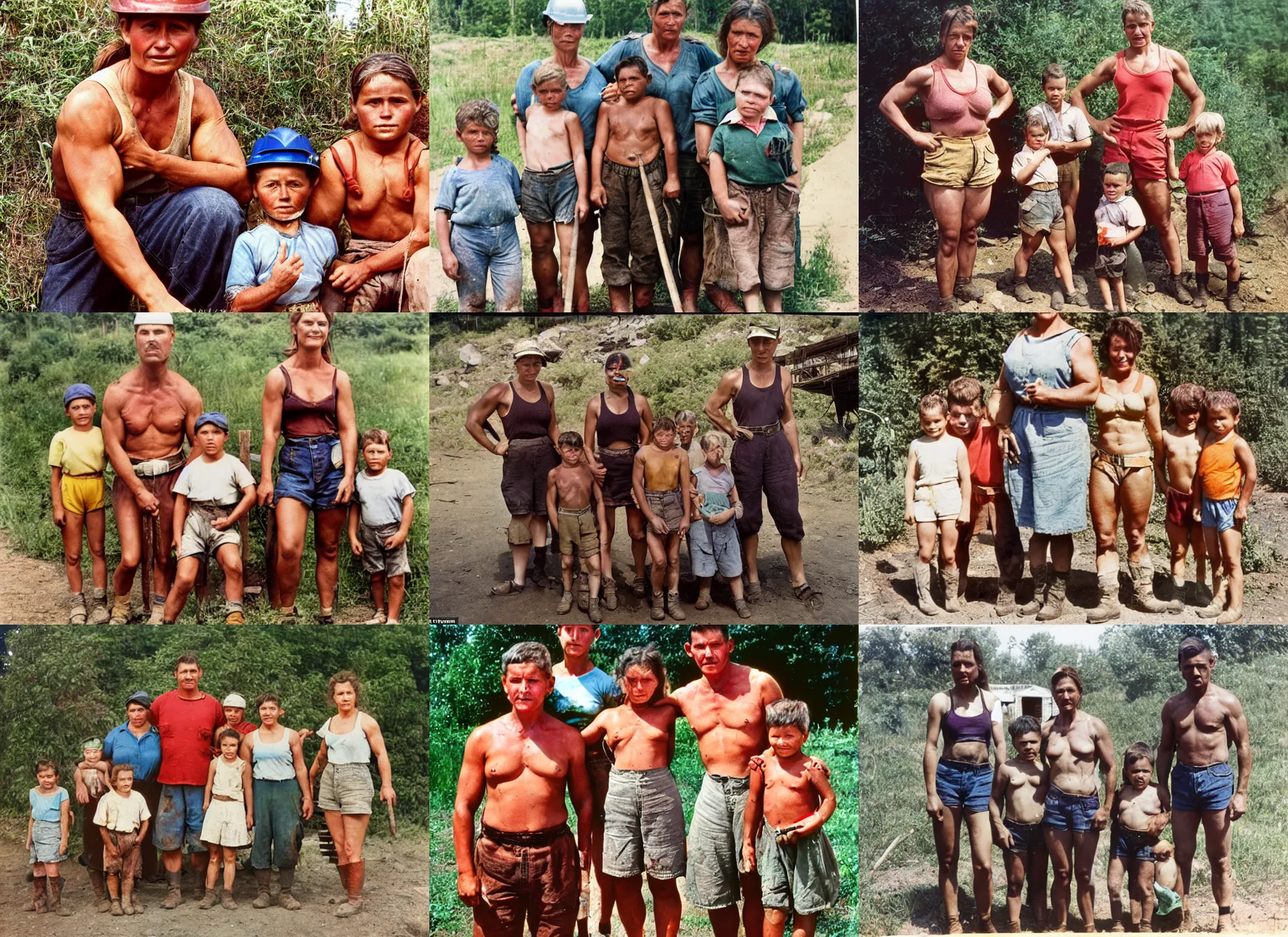 Prompt: A Very Muscular miner Woman and her husband and children, summer 90's professional color photograph.